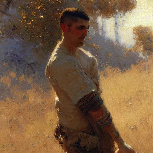 Image similar to a man with a buzz cut haircut, painting by Gaston Bussiere, Craig Mullins