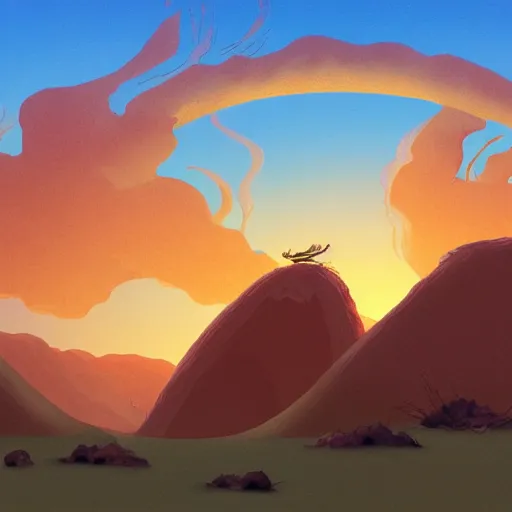 Image similar to desert scene, red sun, fantasy art, illustration, animated film, by studio ghibli