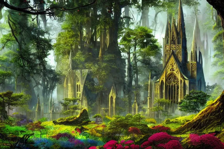 Image similar to a beautiful and highly detailed fantasy landscape painting of a cathedral in a beautiful garden in a mystical forest, psychedelic, intricate details, epic scale, insanely complex, 8 k, sharp focus, hyperrealism, artstation, cgsociety, by eyvind earle,