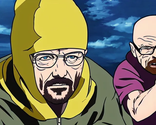 Image similar to Walter White fighting Jesse Pinkman in an anime