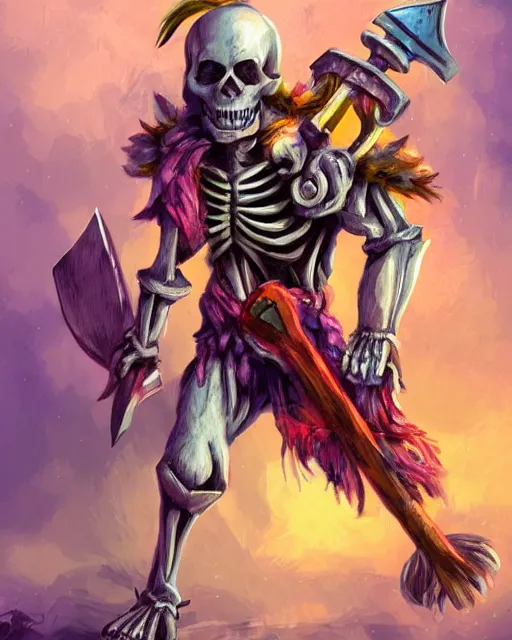 Prompt: cute skeleton warrior with an axe, colorful detailed digital painting, professional concept art, best of art station