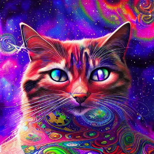 Image similar to a galaxy colored psychedelic chakra awakening kundalini ethereal portrait of a cat, eternal blessing, multiverse, by android jones, by ben ridgeway, visionary art, by artgerm, featured on artstation, cgsociety, by greg rutkowski