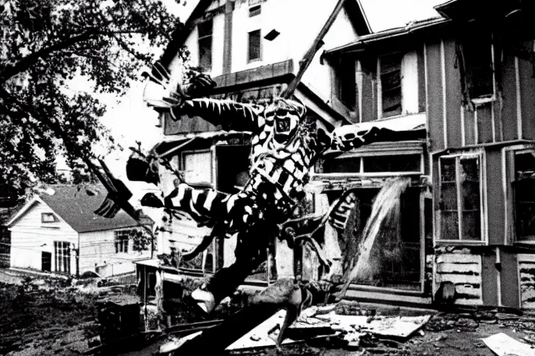 Image similar to A terrible clown chainsaw falls from the roof of a wooden house, 1960, black and white photography