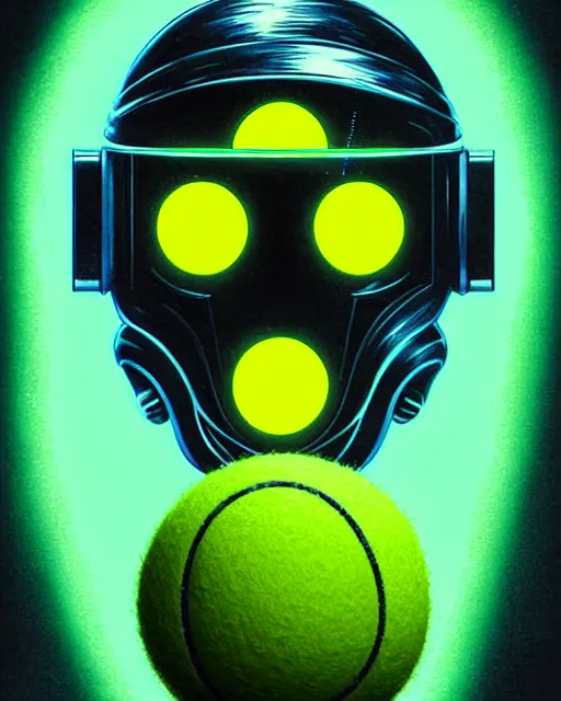 Prompt: tennis ball monster overwatch, see through glass hologram mask, character portrait, portrait, close up, concept art, intricate details, highly detailed, vintage sci - fi poster, retro future, vintage sci - fi art, in the style of chris foss, rodger dean, moebius, michael whelan, and gustave dore