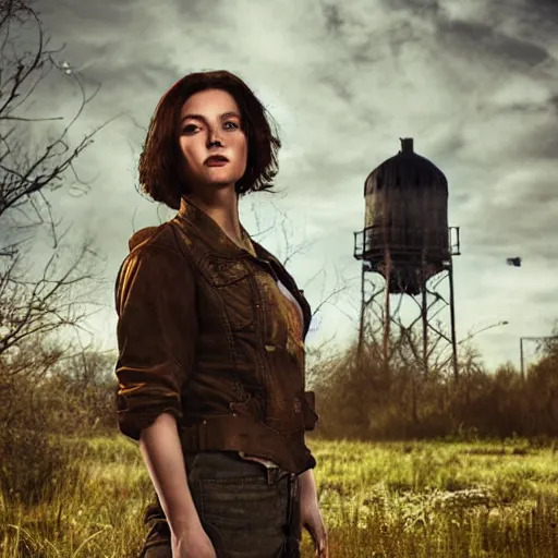 Image similar to fallout 5, charismatic beautiful rugged brunette female protagonist, portrait, outdoors abandoned farmhouse with decrepit water tower, atmospheric lighting, painted, intricate, volumetric lighting, beautiful, daytime, sunny weather, slight overcast, golden hour, sharp focus, deep colours, ultra detailed, by leesha hannigan, ross tran, thierry doizon, kai carpenter, ignacio fernandez rios