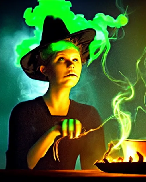 Prompt: close up portrait, serious teen witch mixing a spell in a cauldron, a cat is on the table, jack o lantern, wispy smoke fills the air, a witch hat, cinematic, green glowing smoke is coming out of the cauldron, strange ingredients on the table, strange apothecary shelves in the background, goosebumps movie