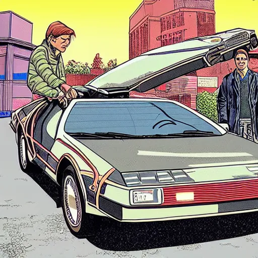 Image similar to marty mcfly is in front of a delorean time machine, style of Geof Darrow