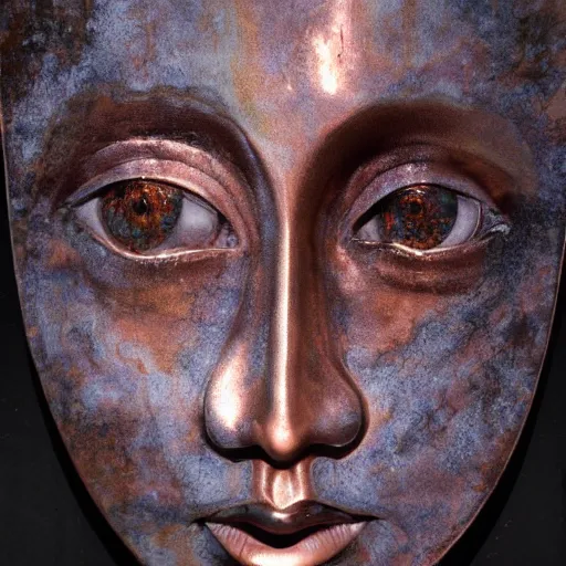 Prompt: The installation art is an abstract portrait of a woman. The woman's face is divided into two halves, one half is black and the other is white. The woman's eyes are large and staring. The installation art is full of energy and movement. copper, patina by Yoshitaka Amano dull