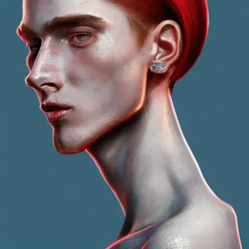 Image similar to portrait of a thin young man with long red hair, ponytail, a lot of freckles on his face, an earring, intricate, elegant, glowing lights, highly detailed, digital painting, artstation, concept art, smooth, sharp focus, illustration