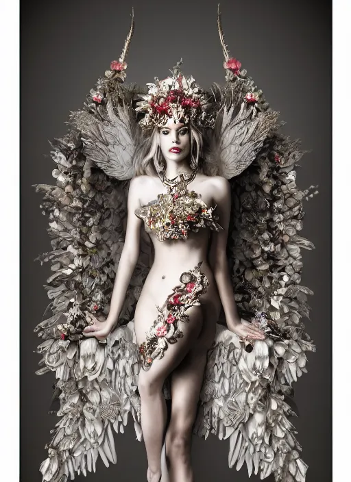 Image similar to full body environmental portrait photo of a goddess as angel, ornate headpiece made from flowers, ornaments, glamour shot by gemmy woud - binnendijk, chris knight, photorealistic, canon r 3, fashion photography, ornate, elegant, luxury and elite, symmetrical features, octane render, unreal engine, solid dark grey background, clamp shell lighting