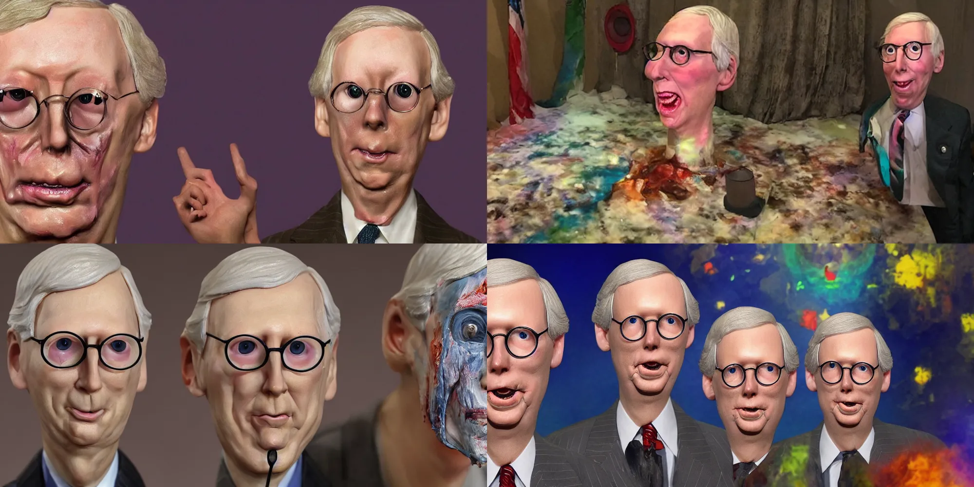 Prompt: hyperrealistic sweaty wax figure of mitch mcconnell candle melting, bad acid trip, surreal, bizarre, disturbing, horror, trippy