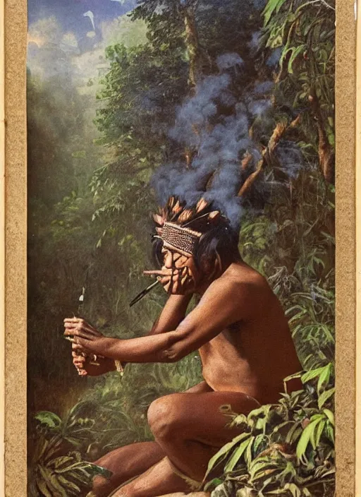 Prompt: a beautiful portrait of an indigenous man sitting in the jungle surrounded by smoke, smoking a pipe, praying with tobacco ,mysterious atmosphere