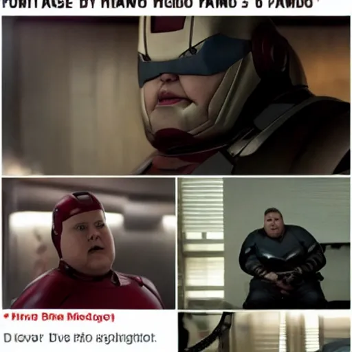 Image similar to morbidly obese ironman has a hard time flying, film still, marvel studios, high budget, funny