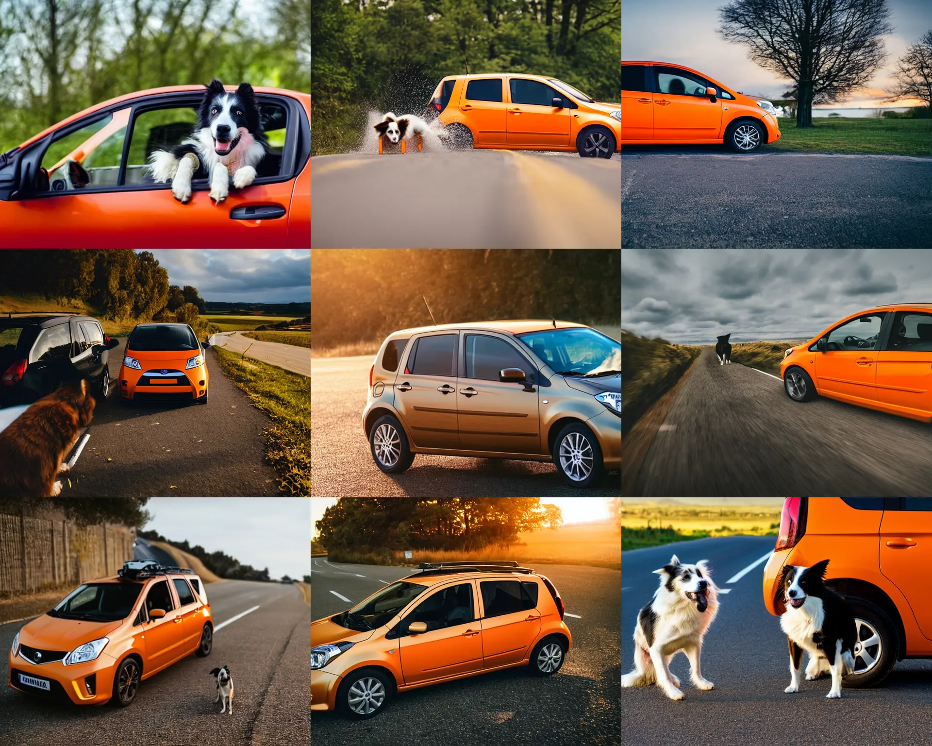 Prompt: a dog driving a car, border collie dog driving an orange nissan note, paws on wheel, car moving fast, award winning photo, golden hour,