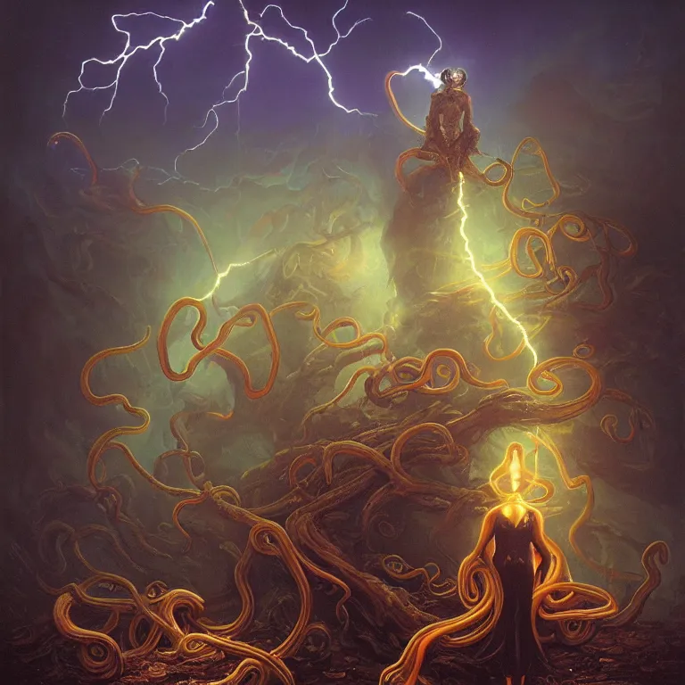 Prompt: An amorphic being with tentacles of liquid reflective copper and neon emerges from the dark surreal ether, mist amidst lightning, high contrast lighting, backlit, blacklight by Michael Whelan and Ed Binkley