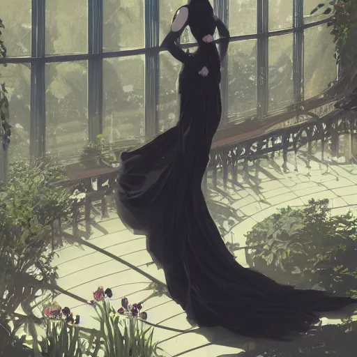 Image similar to portrait of a woman in a black dress standing in an elegant greenhouse garden, dramatic lighting, illustration by greg rutkowski, yoji shinkawa, 4 k, digital art, concept art, trending on artstation