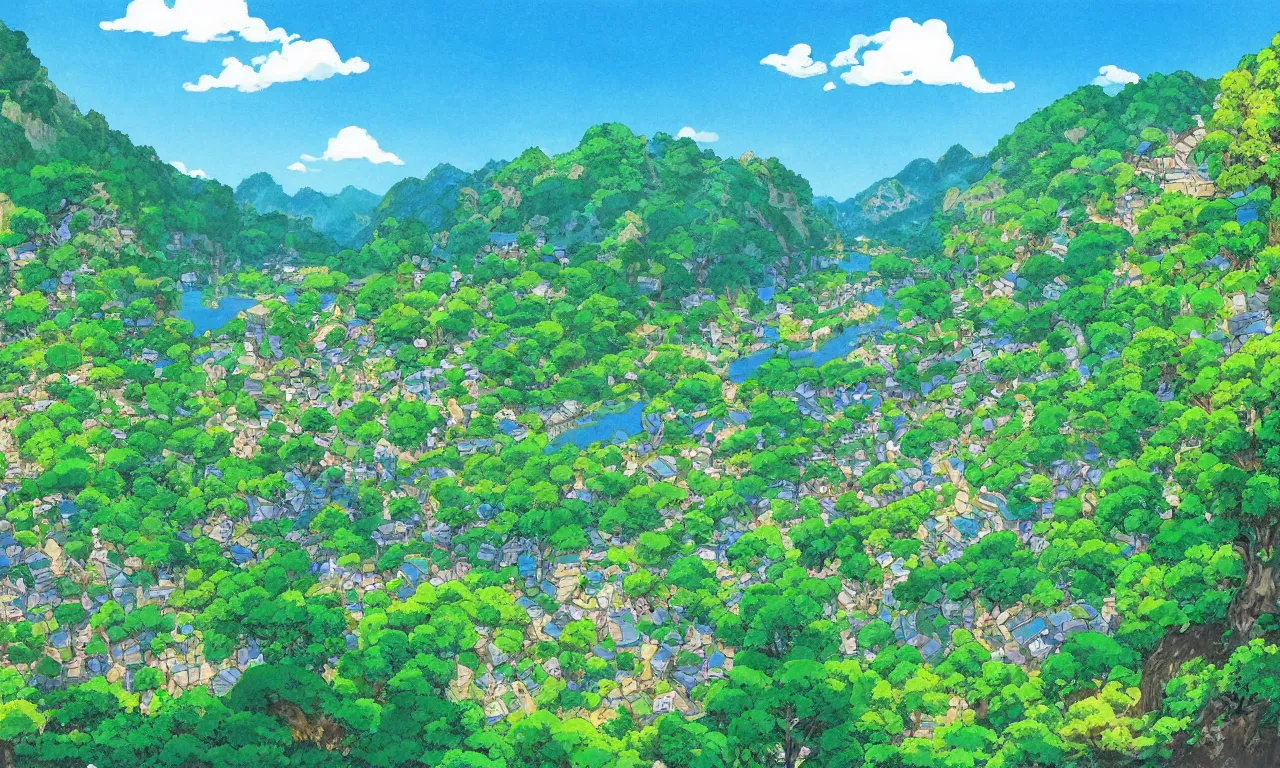 Image similar to a village down the mountain, river across the painting, blue sky, summer, green, sunshine, trees, by studio ghibli and hayao miyazaki, wide angle