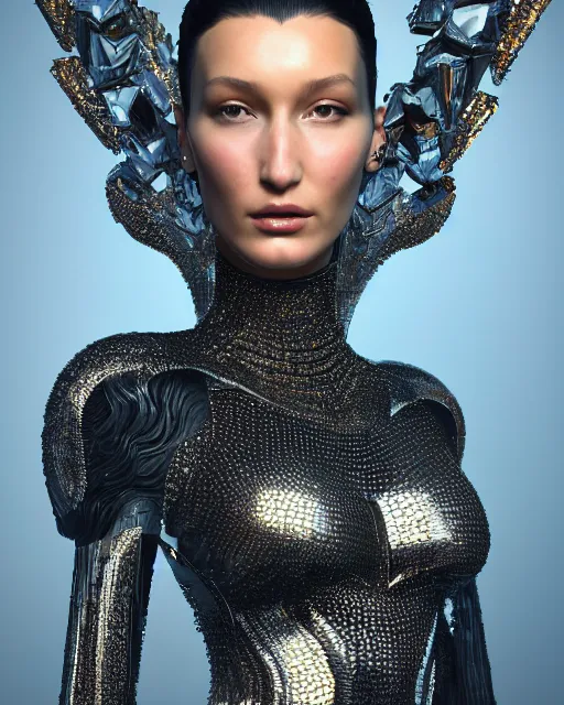 Image similar to a highly detailed metahuman 4 k close up render of a bella hadid as black latex monument renaissance in iris van herpen dress schiaparelli in diamonds crystals swarovski and jewelry iridescent in style of alphonse mucha gustav klimt trending on artstation made in unreal engine 4