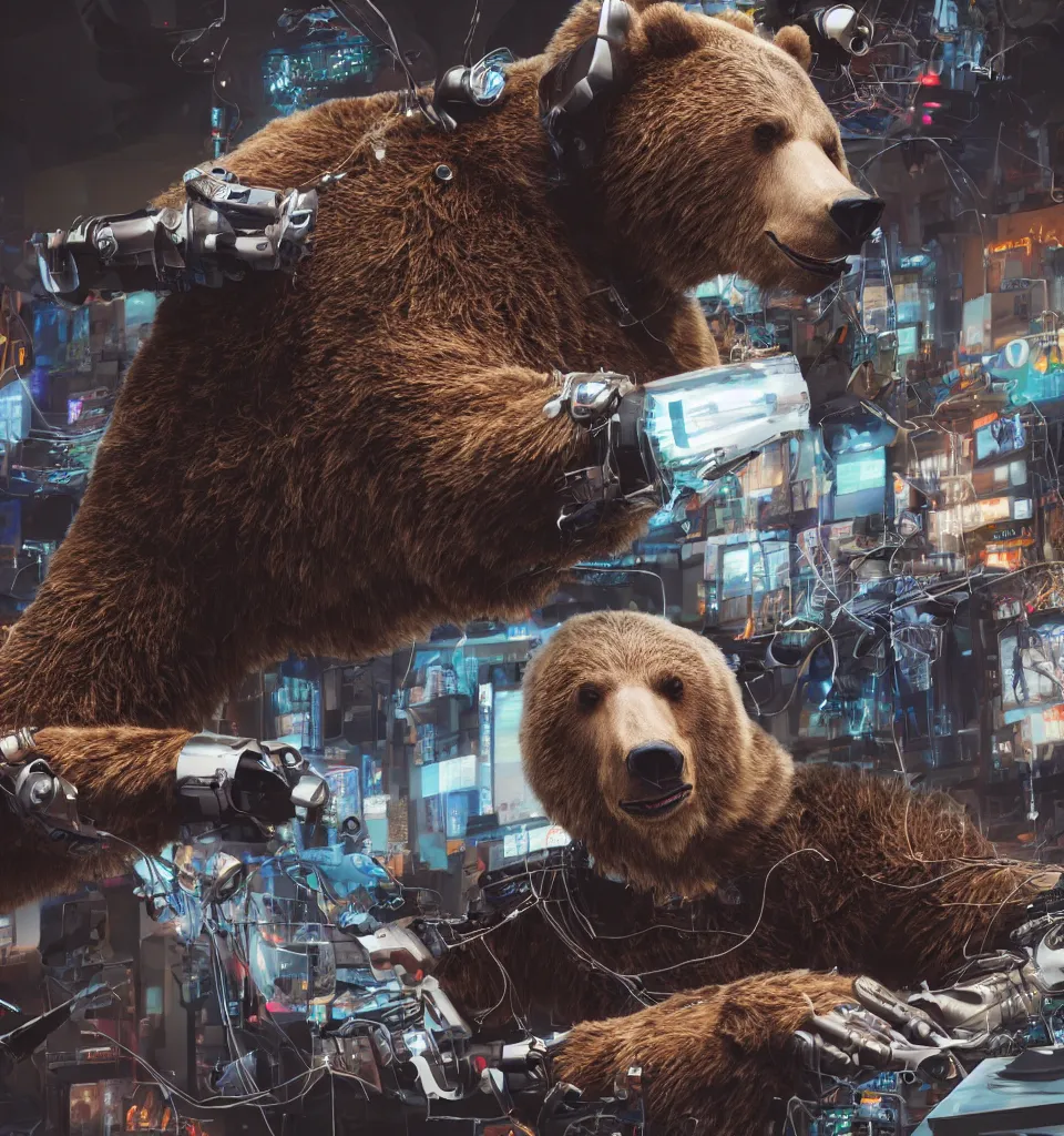 Prompt: an anthropomorphic cyborg grizzly bear dj mixing records on stage, photorealistic, highly detailed, illustration, lifelike, highly detailed, intricate, octane render, sharp focus, cyberpunk,