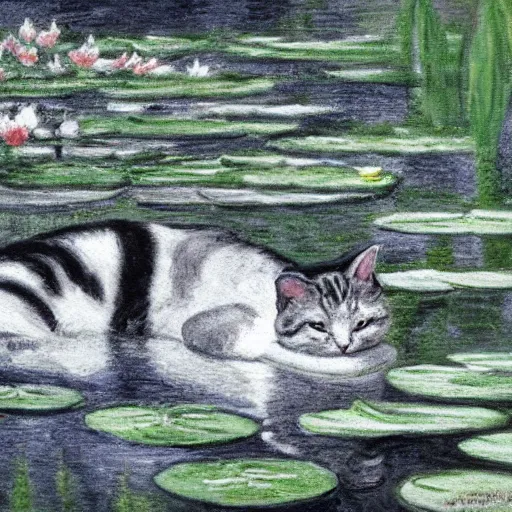 Image similar to a white and grey tabby cat, with a black and grey striped head and white nose, lying on a lilypad floating on a lake, in the style of Water Lilies painting by Monet