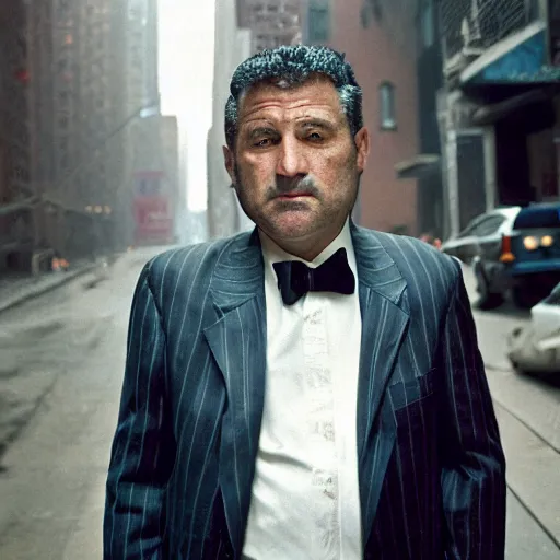 Image similar to closeup portrait of a mobster with an uzi in a smoky new york back street , by Steve McCurry and David Lazar, natural light, detailed face, CANON Eos C300, ƒ1.8, 35mm, 8K, medium-format print