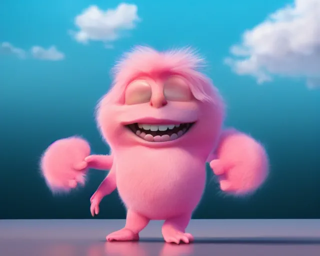 Image similar to 3D Pixar movie animation render of the cutest little pink fluffy creature with a big lovely grin smile sweet adorable cherub, octane render, pastel colors, soft clouds and soft gradient background