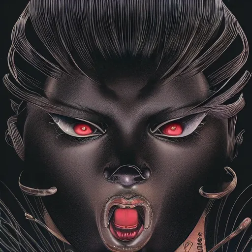 Image similar to portrait closeup of screaming black glossy dark carbon woman, sensual pose, symmetrical, by yoichi hatakenaka, masamune shirow, josan gonzales and dan mumford, ayami kojima, takato yamamoto, barclay shaw, karol bak, yukito kishiro, moebius