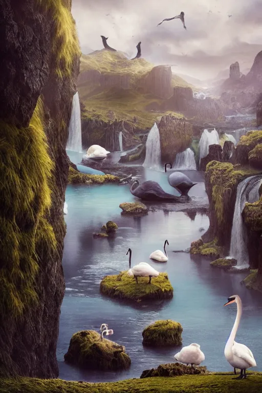 Image similar to beautiful bjork with swans in iceland by hubert robert and lee madgwick and roger dean and jacek yerka, dan mumford and alex grey style, soft lighting, 4 k hd wallpaper illustration concept joy atmospheric lighting