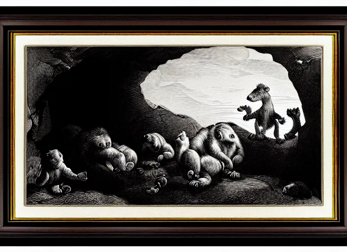 Image similar to Pieter Claesz's 'looking into dark cave and seeing a mother bear and her cubs sleeping', night time, cross hatching, framed