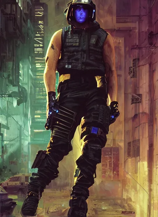 Image similar to Eminem ,Cyberpunk mercenary in tactical gear climbing a security fence. rb6s, (Cyberpunk 2077), blade runner 2049, (matrix). Epic painting by Craig Mullins and Alphonso Mucha. painting with Vivid color.