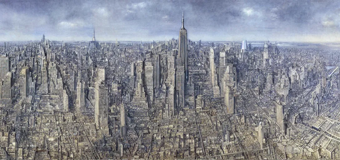 Prompt: Landscape of New York City in the year 2050 by Alan Lee