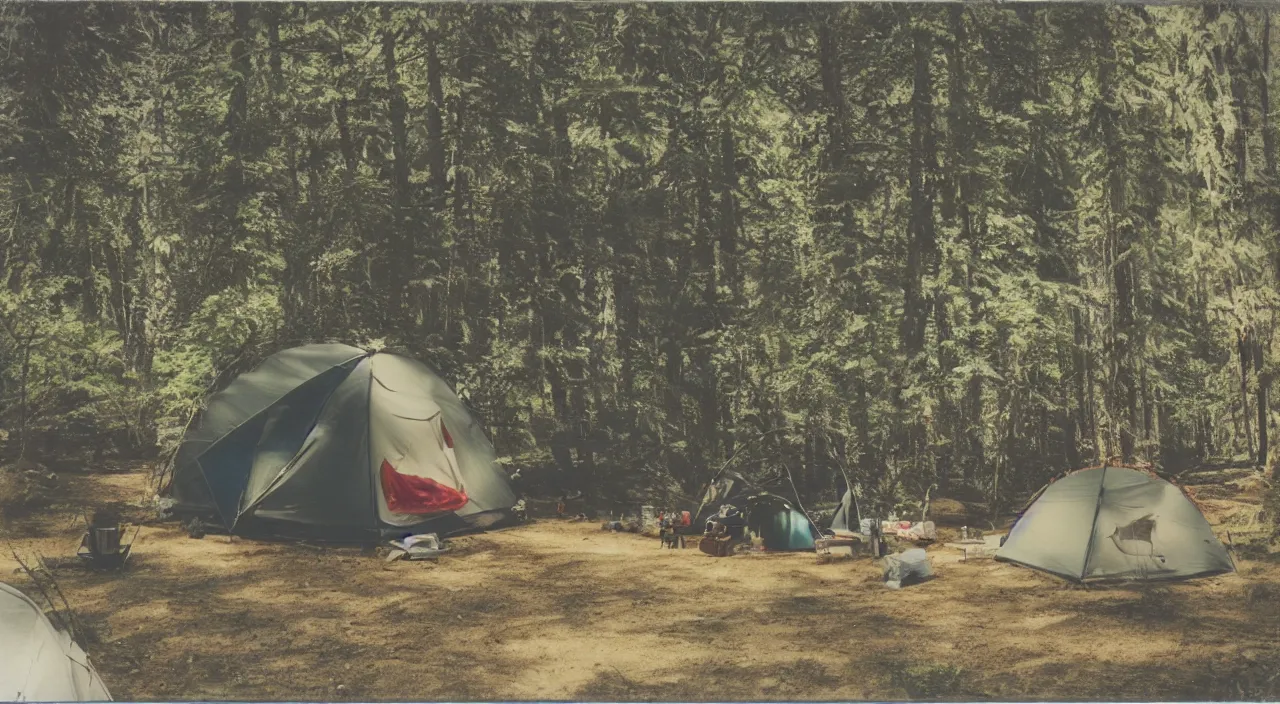 Image similar to a polaroid photo of a campsite photorealistic and photorealistic