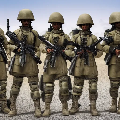 Image similar to a squad of futuristic soldiers led by a female soldier with brown skin and short hair