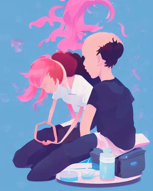 Image similar to a little girl is doing a science experiment. clean cel shaded vector art. minimalist illustration art by lois van baarle, artgerm, helen huang, by makoto shinkai and ilya kuvshinov, rossdraws