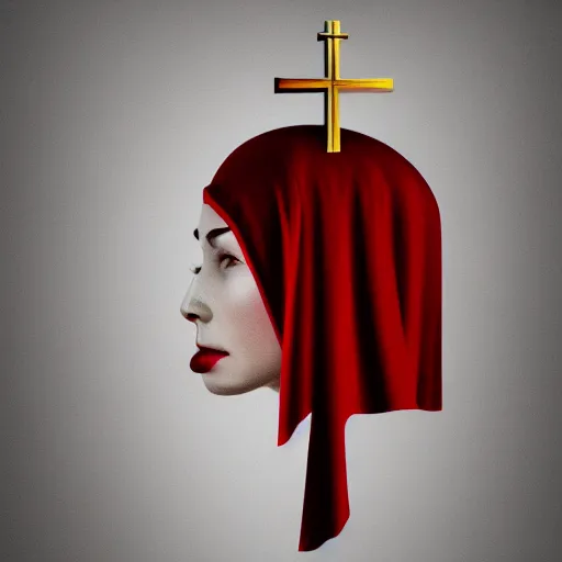 Image similar to shameless woman whis impudent facial expression, shadow of catholic church cross, elegant, dark and mysterious, atmospheric, red, trending on artstation, highly detailed, digital painting, volumetric light, concept art, middle focus, illustration