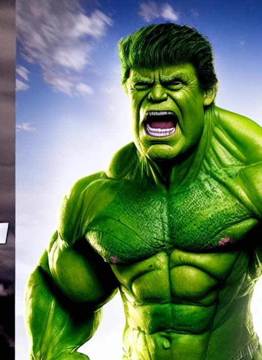 Image similar to donald trump as the hulk, green, superhero movie poster still, 4 k