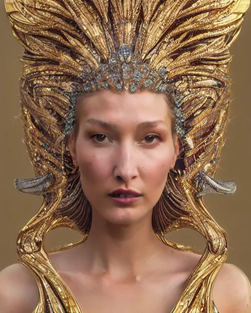 Image similar to a highly detailed metahuman 4 k close up render of an alien goddess bella hadid queen in iris van herpen dress schiaparelli in diamonds crystals swarovski and jewelry iridescent in style of alphonse mucha gustav klimt trending on artstation made in unreal engine 4