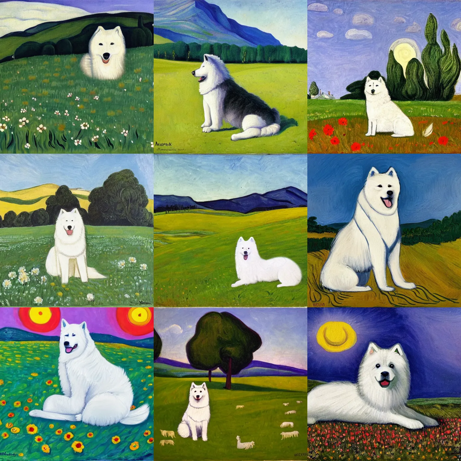 Prompt: a samoyed dog sitting in the middle of sunny meadow, by marianne von werefkin