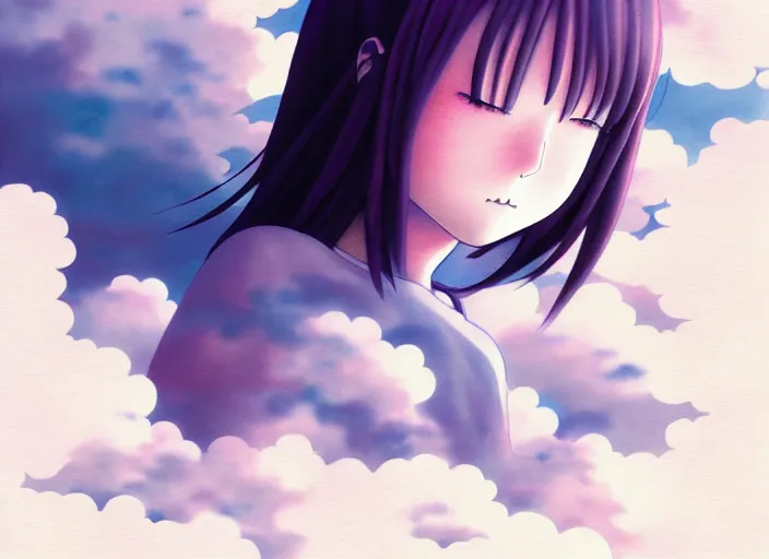 Image similar to anime portrait of a young a girl floating inside clouds,ink, Karolis Strautniekas,omoide emanon, tsuruta kenji, murata range,kawaii, kyoto animation, manga, intricate, detailed, studio lighting, gradation,editorial illustration, matte print, Ilya Kuvshinov