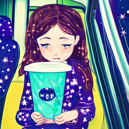 Image similar to girl sitting on a subway train eating cup noodles, the interior of the train is decorated like a teenager's room, galaxies are seen from the train window, anime, digital art, still film