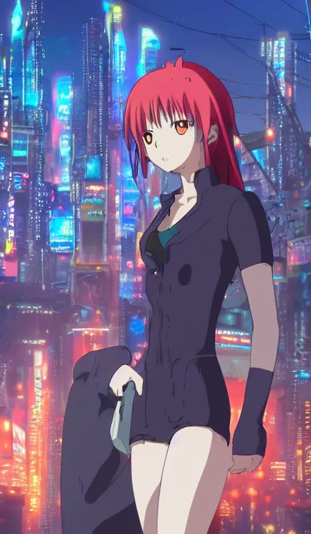 Image similar to anime fine details portrait of Rimuru Tempest in front of cyberpunk moder city landscape on the background deep bokeh, close-up view, anime masterpiece by Studio Ghibli. 8k, sharp high quality anime, artstation