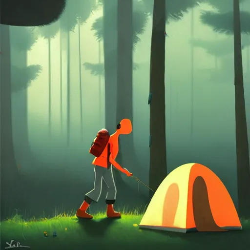 Image similar to goro fujita ilustration hiker setting up a tent in the forest, painting by goro fujita, sharp focus, highly detailed, artstation