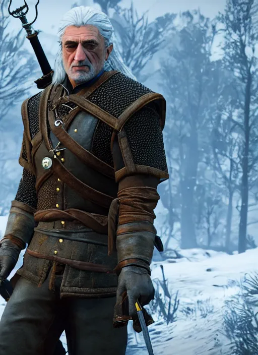 Image similar to Robert De Niro in The Witcher 3, gameplay, 8k, HD