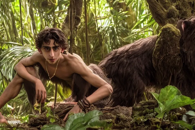 Prompt: timothee chalamet plays mowgli in the live action adaptation of the jungle book, red weapon 8 k s 3 5, cooke anamorphic / i lenses, highly detailed, cinematic lighting