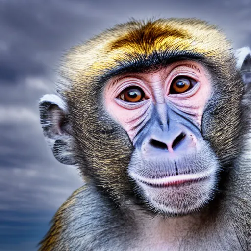 Image similar to high quality portrait of a monkey in front of eiffel tower, studio photograph, photograph, realistic photo, 8k photo, 4k photo, stock photo, high resolution, cinematic shot, high detail