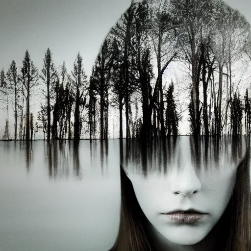 Image similar to girl head and landscape double exposure photography