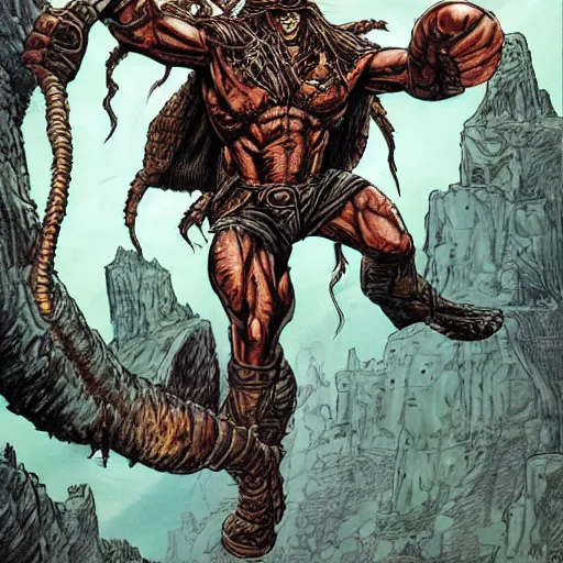 Prompt: precisely drawn illustration of Predator blended with Thor, wide angle, sharp, fine details, French comic style, vibrant realistic colors, full color, heroic fantasy, intense line art, 8k, precise linework, realistic, in the style of Heavy Metal Comics and Richard Corben and Moebius