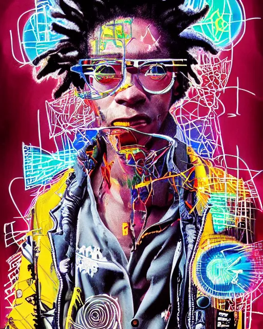 Prompt: a cyberpunk portrait of a bad trip by jean - michel basquiat, by hayao miyazaki by artgerm, highly detailed, sacred geometry, mathematics, snake, geometry, cyberpunk, vibrant, water