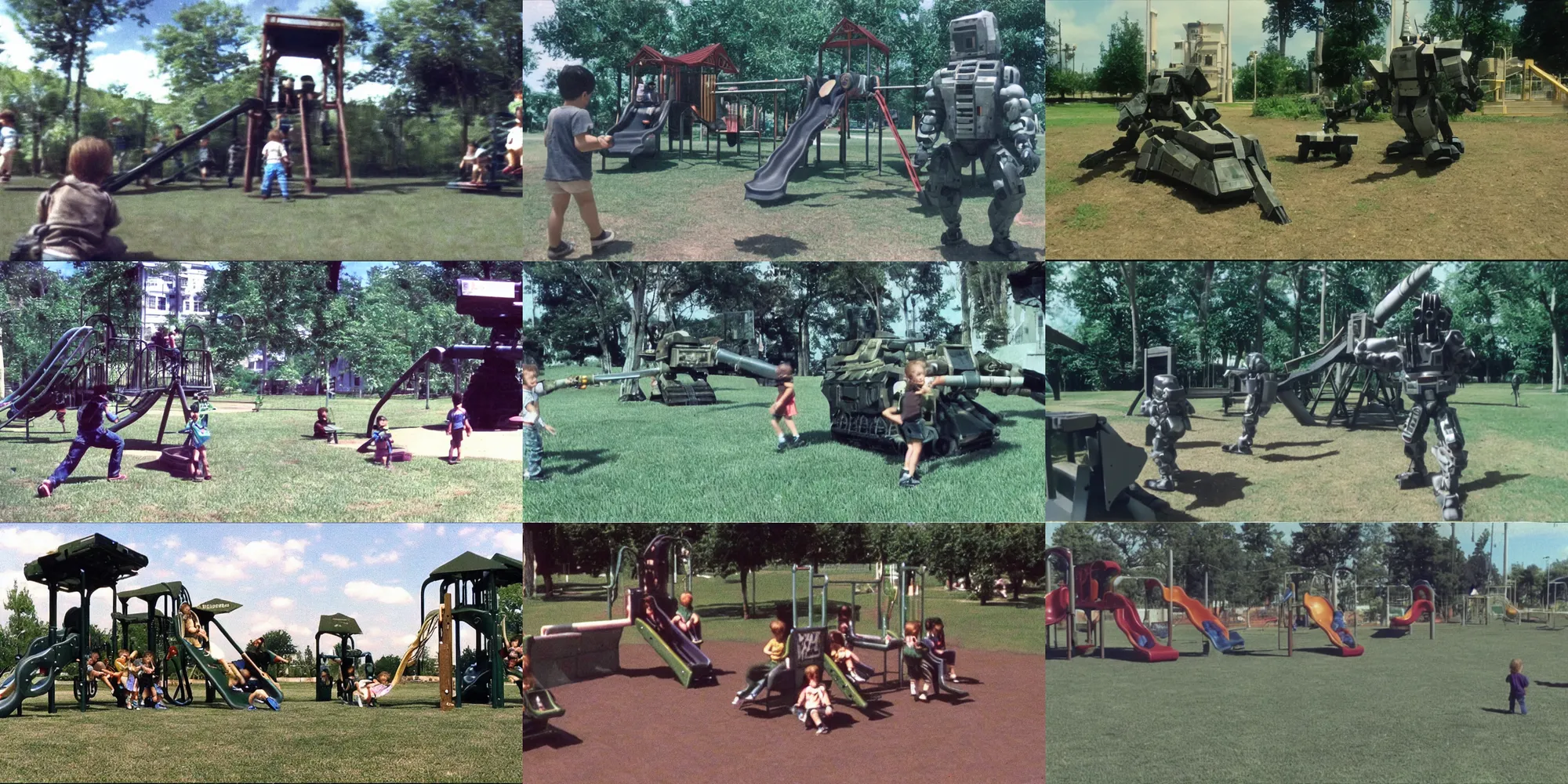 Prompt: home video footage, armored core v playing in the playground, summer. color vhs picture quality with mixed noise, filmed by dad.