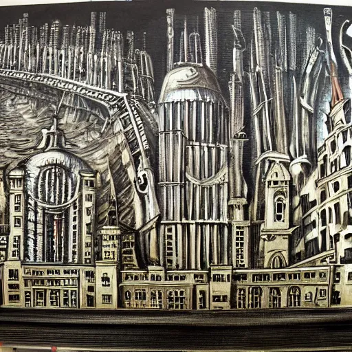 Image similar to city of london painted by hg giger